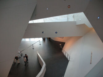 Digital photo of DAM (Denver Art Museum), a very uniquely angular piece of architecture, from an unusual interior angle giving an abstract feeling © 2007 L. Eilee S. George