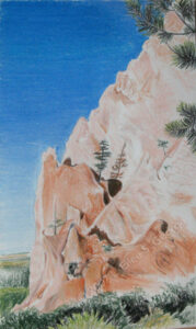 Digital image of colored pencil drawing "Lonely Tree", from a vista in Garden of the Gods in Manitou Springs CO, by L. Eilee S. George © 2007 L. Eilee S. George