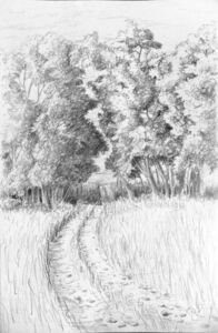 Digital image of graphite drawing of a neglected dirt road in rural Kansas © 2014 L. Eilee S. George