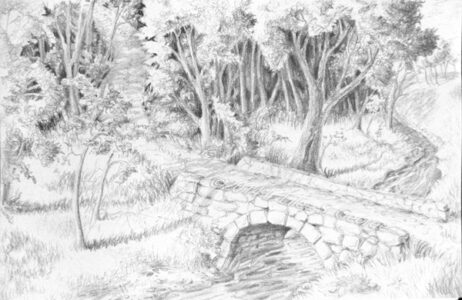 Digital image of graphite drawing of a dirt road and bridge over a stream in rural Kansas © 2014 L. Eilee S. George