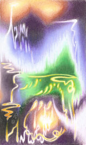 Digital image of colored pencil drawing "Koto Song", inspired by the Dave Brubeck recording by L. Eilee S. George © 2009 L. Eilee S. George