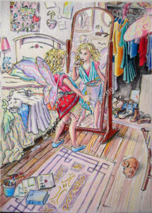 Digital image of mixed media drawing "Little Girl With Wings", an illustration for a children's book, drawing by L. Eilee S. George © 2009 L. Eilee S. George