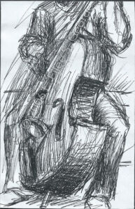 Ball-point pen drawing of anonymous bass player in expressive ink strokes © 2006 L. Eilee S. George