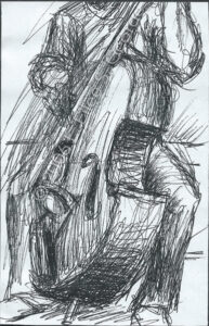 Ball-point pen drawing of anonymous bass player in expressive ink strokes © 2006 L. Eilee S. George