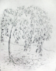 Digital image of original graphite drawing by Linda Eileen S. George a.k.a "Eilee" George on white paper entitled 'Squarism Willow'; 14" h x 11" w; a representation of a weeping willow in a rectilinear, fractured style that echoes the artist's painting style
