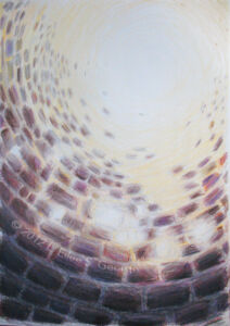 Digital image of original Prismacolor pencil drawing by Linda Eileen S. George a.k.a "Eilee" George on white paper entitled 'The Pursuit of Providence'; 14" h x 11" w; a representation of the bricks of a well, as seen from inside, breaking apart to reveal the sun, symbolizing finding one's true purpose as ordained by God