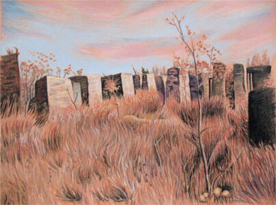 Digital image of colored pencil drawing "The Ruins of King Jack", inspired by ruins from zinc mining in Webb City MO, by L. Eilee S. George © 2009 L. Eilee S. George