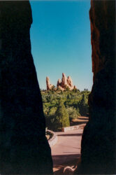A unique peek-a-boo at formations in Garden of the Gods from within one of the formations there © 1993 L. Eilee S. George on 35mm film later scanned into digital format