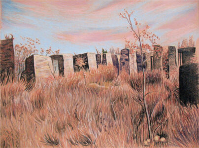 Digital image of colored pencil drawing "The Ruins of King Jack", inspired by ruins from zinc mining in Webb City MO, by L. Eilee S. George © 2009 L. Eilee S. George