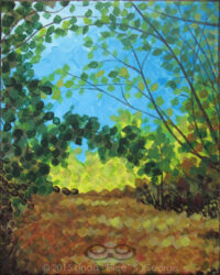 "Territree" © 2015 L. Eileen S. George a.k.a. "Eilee" George, 8.5"x11", acrylic on canvas. Original and some prints available by custom order. Digital image of the acrylic painting entitled "Territree" by L. "Eilee" S. George, 8.5"x11", acrylic on canvas, painted in 2015, of trees growing alongside a path in Lair o' the Bear open space park near Morrison, Colorado during the autumn, as dappled sunlight is cast through the trees from the left to fall invitingly onto random spots on the path