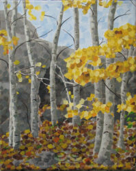 "Entree" © 2013 L. Eileen S. George a.k.a "Eilee" George; 8" w x 10" h; acrylic on canvas. SOLD. Some prints available by custom order. Digital image of original acrylic painting by Linda Eileen S. George a.k.a "Eilee" George on canvas entitled 'Entree' painted in 2013; 8" w x 10" h; a representation of a glade of autumn aspens in front of a small cave near Gold Hill, Colorado, painted in a rectilinear, fractured style