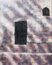 "Garden Tomb" © 2016 (Linda) "Eilee" S. George, 16"w x 20"h, part of the Israel Series, acrylic on canvas. SOLD. Some prints available by custom order. Digital photo of acrylic painting entitled "Garden Tomb" © 2016 (Linda) "Eilee" S. George, 16"w x 20"h, part of the Israel Series for Calvary Community Baptistt Church in Northglenn, CO; lovingly painted with squarish strokes in a Neo-Pixelist style in colors including ochre, cream, mauve, plum, charcoal, taupe, sepia, gold, brown and white, depicting the tomb of the risen Christ with the door rolled open; includes the scripture: "He is not here, for He is risen, as He said. Come, see the place where the Lord lay." - Matthew 28:6 signed L. Eilee George with logo