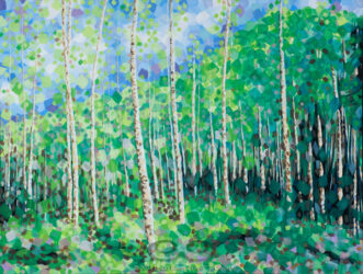 "Colorussia V" © 2011 L. Eileen S. George a.k.a. "Eilee" George, 30"x40", acrylic on canvas. Original and some prints available by custom order. Digital image of the acrylic painting entitled "Colorussia V" by L. "Eilee" S. George, 30"x40", acrylic on canvas, painted in 2011, of an aspen grove in spring near Idaho Springs, Colorado